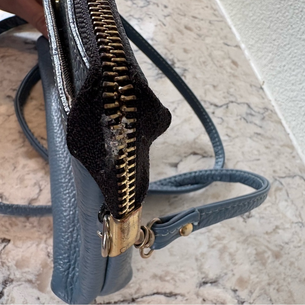 Pebbled Leather Crossbody Bag in Dusty Blue with Adjustable Strap - Picture 8 of 8